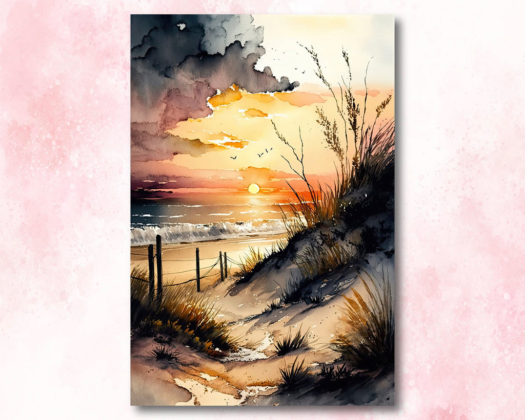 Beach Sunset Watercolor Print Ocean Wall Art Tropical Nature Gift Coastal Landscape Home Decor