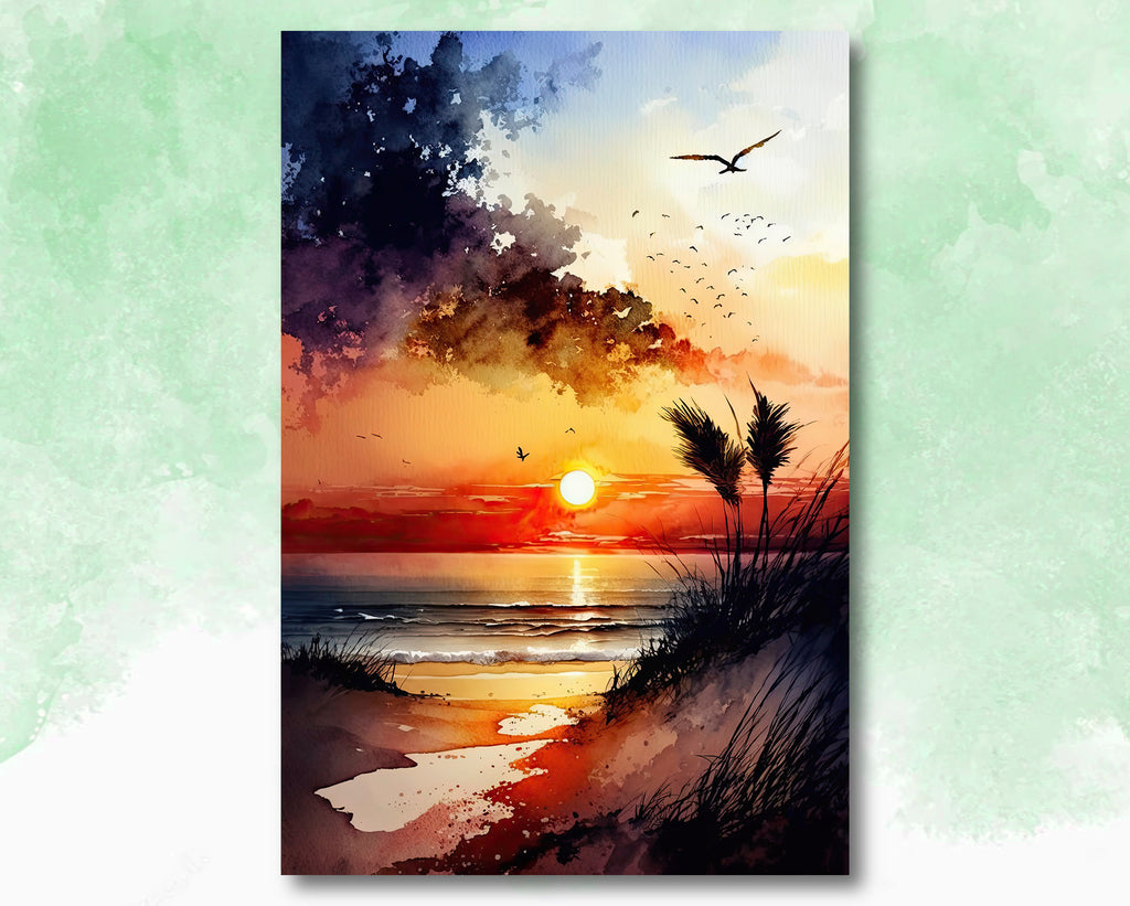 Beach Sunset Watercolor Print Ocean Wall Art Tropical Nature Gift Coastal Landscape Home Decor