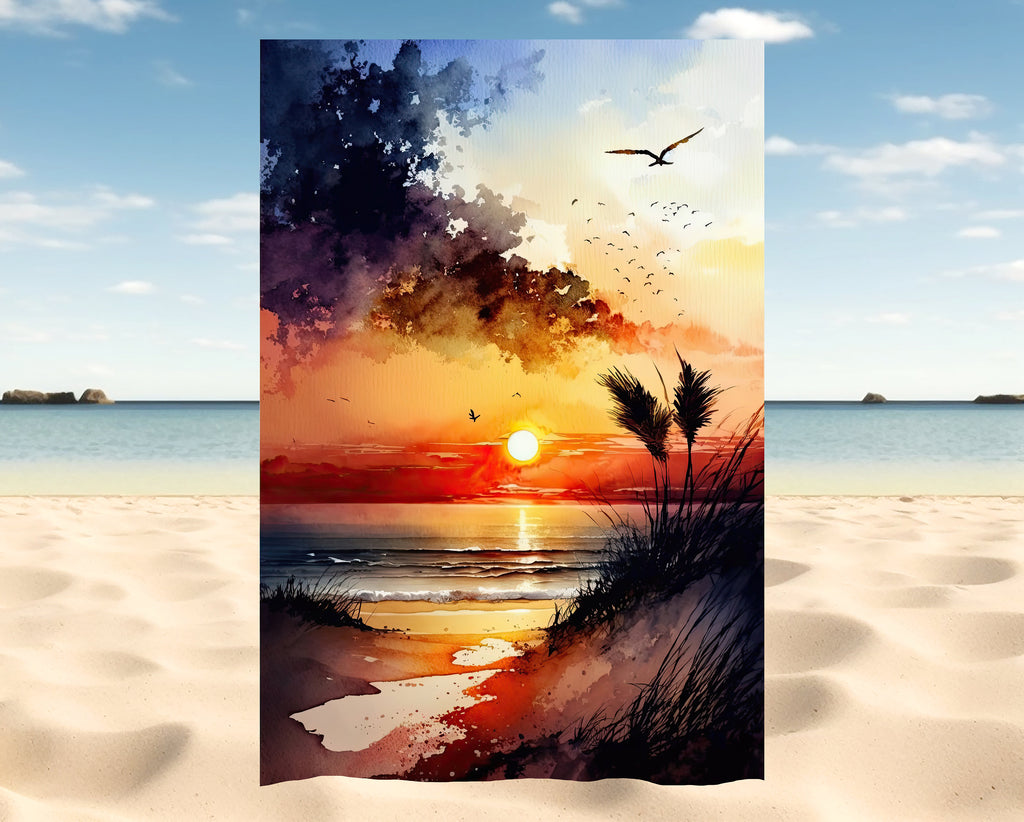 Beach Sunset Watercolor Print Ocean Wall Art Tropical Nature Gift Coastal Landscape Home Decor