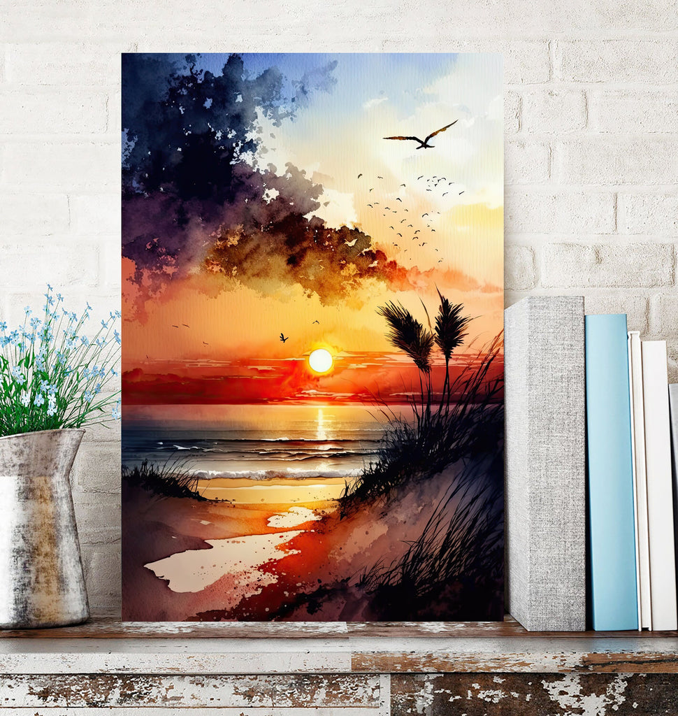 Beach Sunset Watercolor Print Ocean Wall Art Tropical Nature Gift Coastal Landscape Home Decor