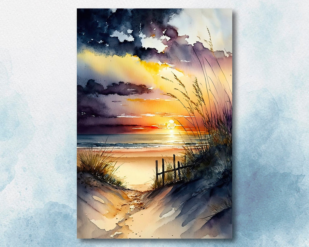 Beach Sunset Watercolor Print Ocean Wall Art Tropical Nature Gift Coastal Landscape Home Decor