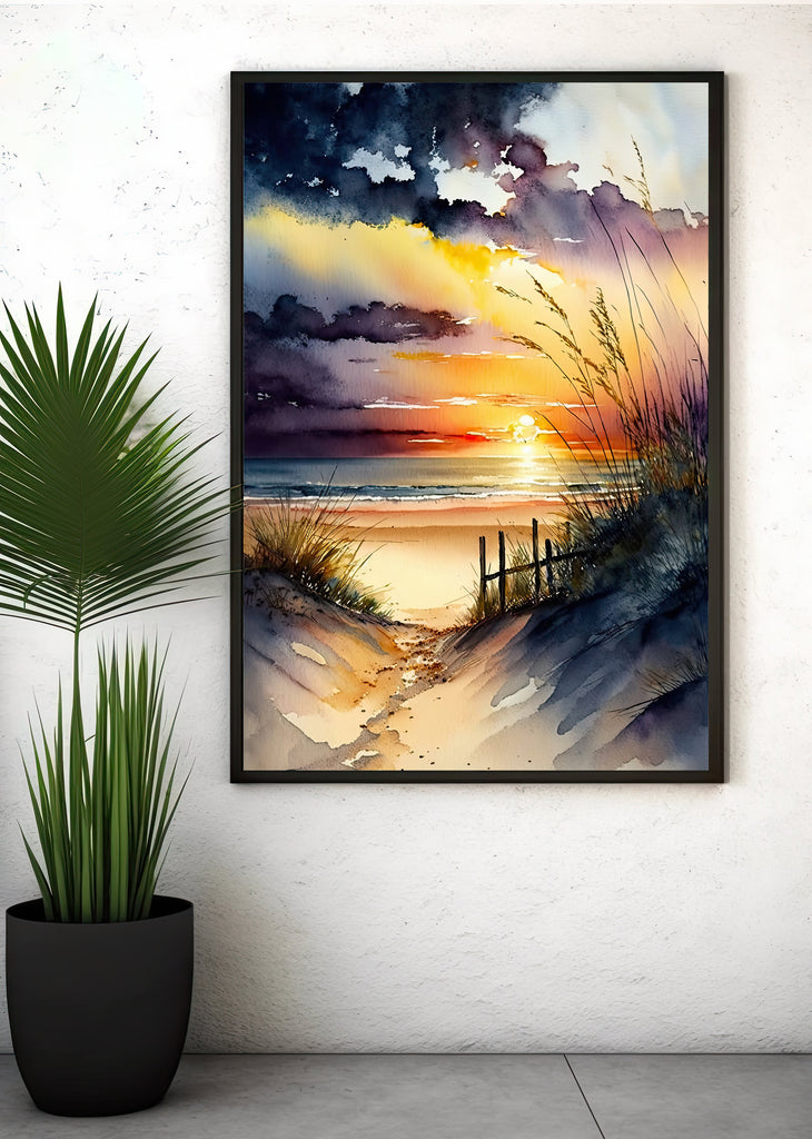 Beach Sunset Watercolor Print Ocean Wall Art Tropical Nature Gift Coastal Landscape Home Decor