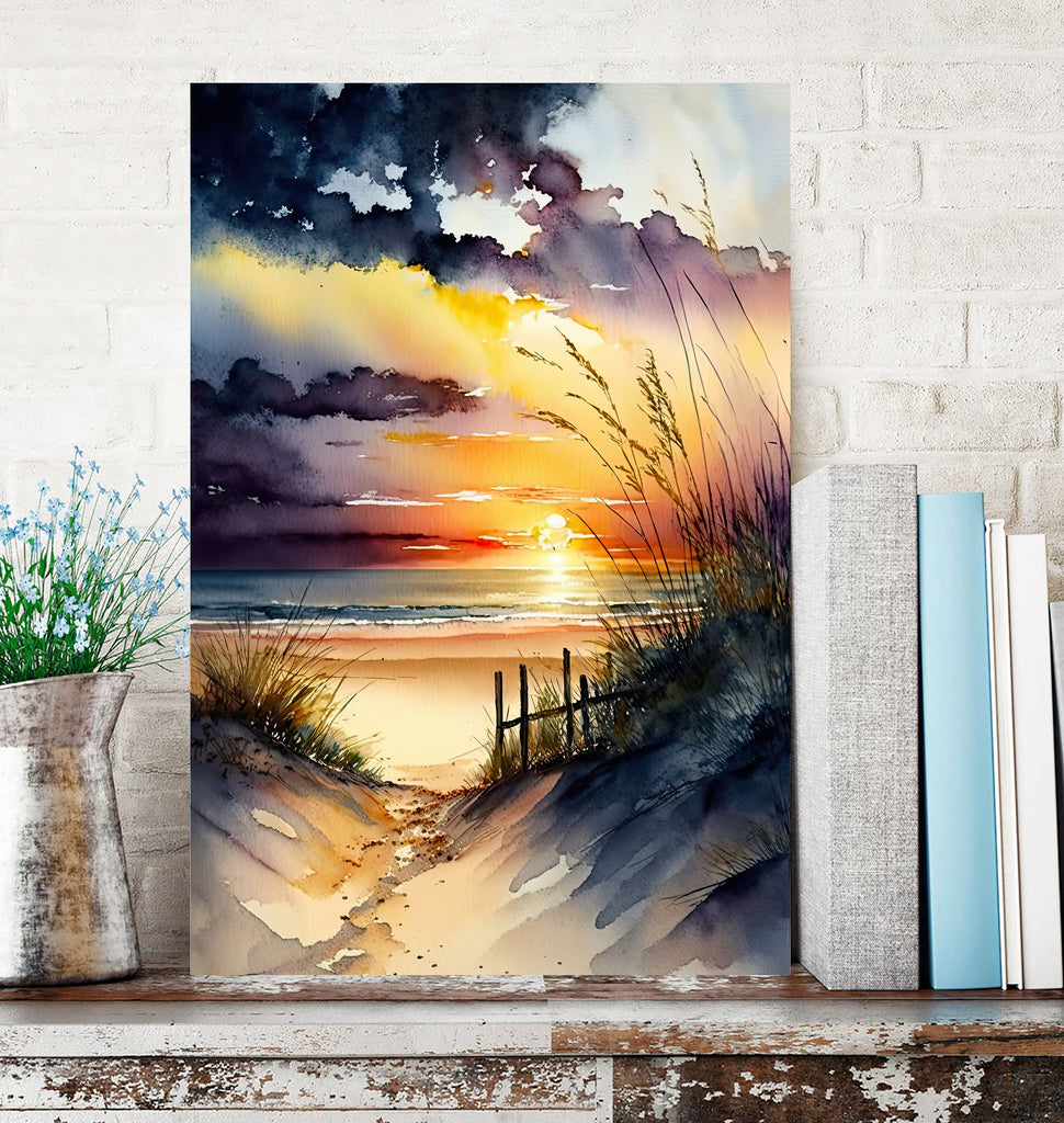 Beach Sunset Watercolor Print Ocean Wall Art Tropical Nature Gift Coastal Landscape Home Decor