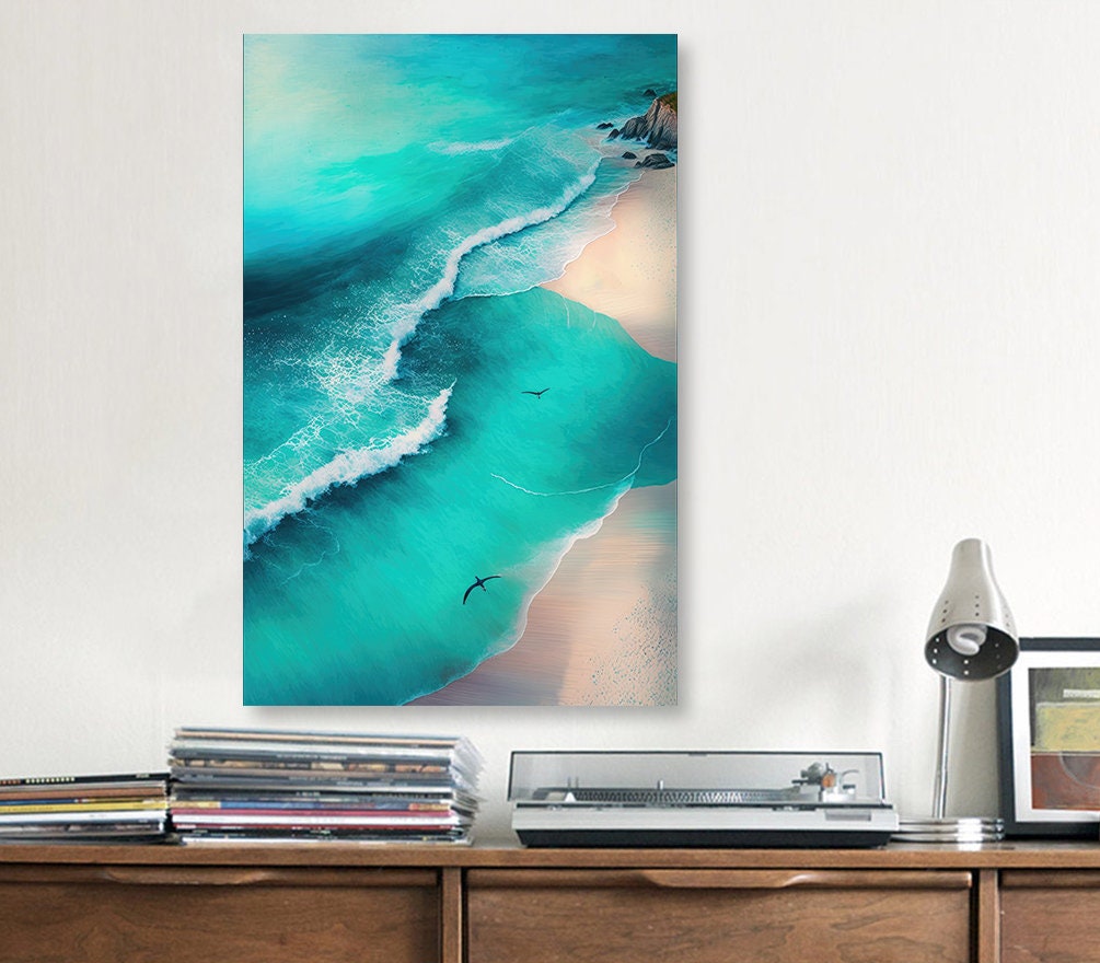 Beach Ocean Waves Print Colorful Watercolor Wall Art Tropical Nature Gift Coastal Landscape Home Decor