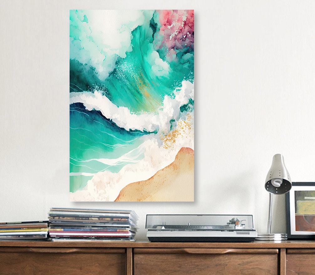 Beach Ocean Waves Print Colorful Watercolor Wall Art Tropical Nature Gift Coastal Landscape Home Decor