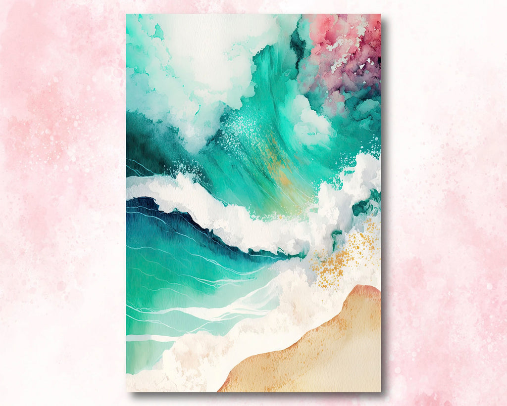 Beach Ocean Waves Print Colorful Watercolor Wall Art Tropical Nature Gift Coastal Landscape Home Decor