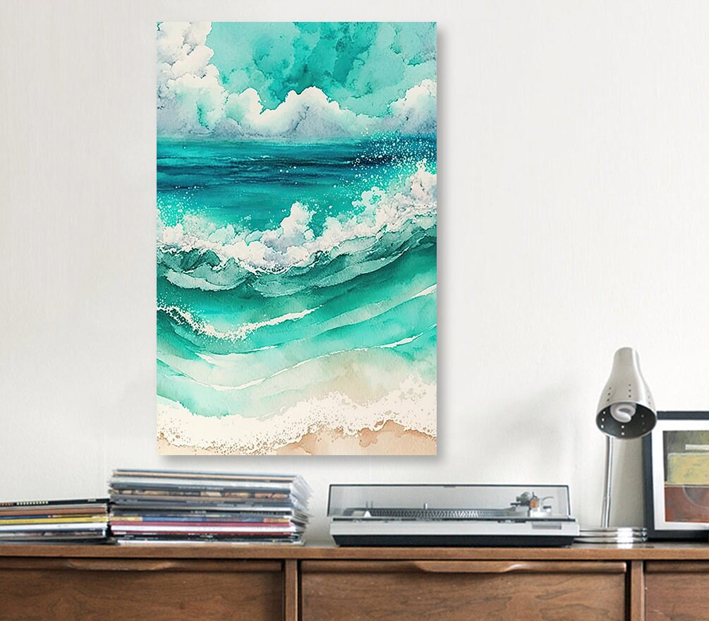 Beach Ocean Waves Print Colorful Watercolor Wall Art Tropical Nature Gift Coastal Landscape Home Decor