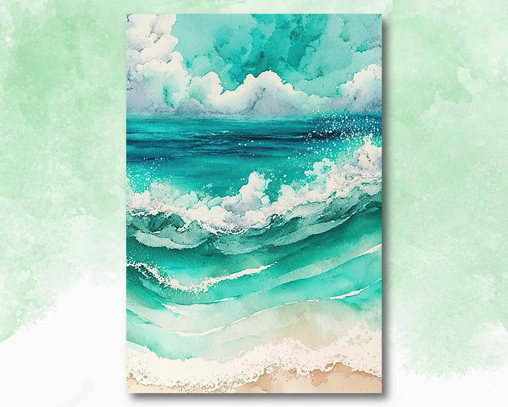 Beach Ocean Waves Print Colorful Watercolor Wall Art Tropical Nature Gift Coastal Landscape Home Decor