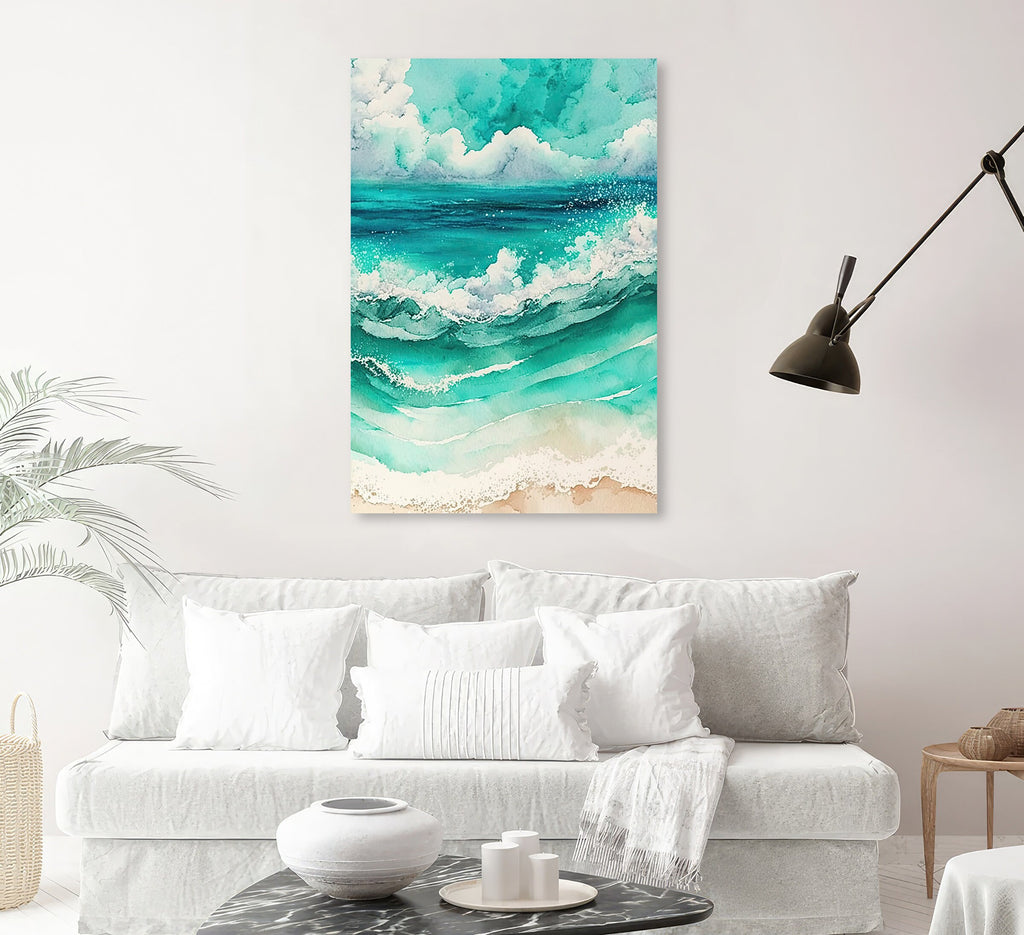 Beach Ocean Waves Print Colorful Watercolor Wall Art Tropical Nature Gift Coastal Landscape Home Decor