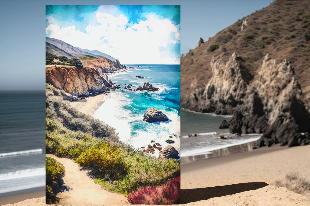 California Big Sur Beach Print Watercolor Ocean Wall Art Tropical Nature Gift Coastal Landscape Home Decor