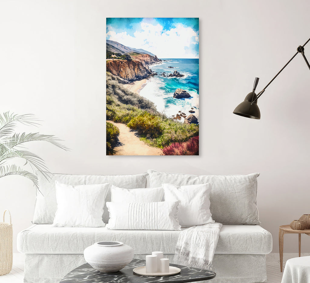 California Big Sur Beach Print Watercolor Ocean Wall Art Tropical Nature Gift Coastal Landscape Home Decor