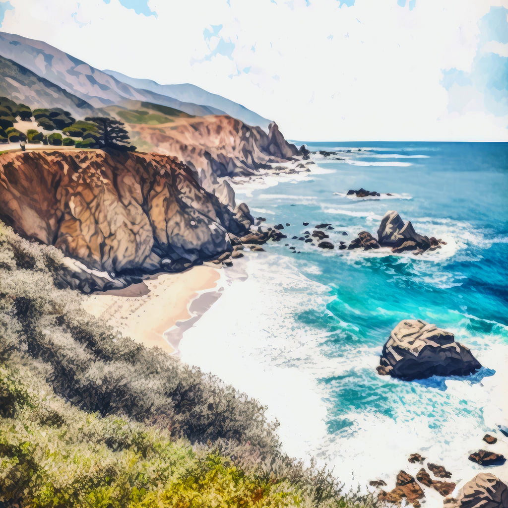 California Big Sur Beach Print Watercolor Ocean Wall Art Tropical Nature Gift Coastal Landscape Home Decor