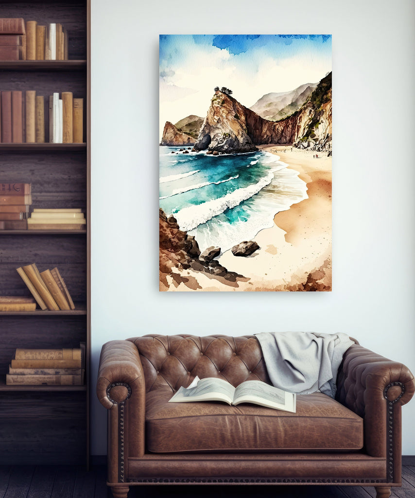 California Big Sur Beach Print Watercolor Ocean Wall Art Tropical Nature Gift Coastal Landscape Home Decor