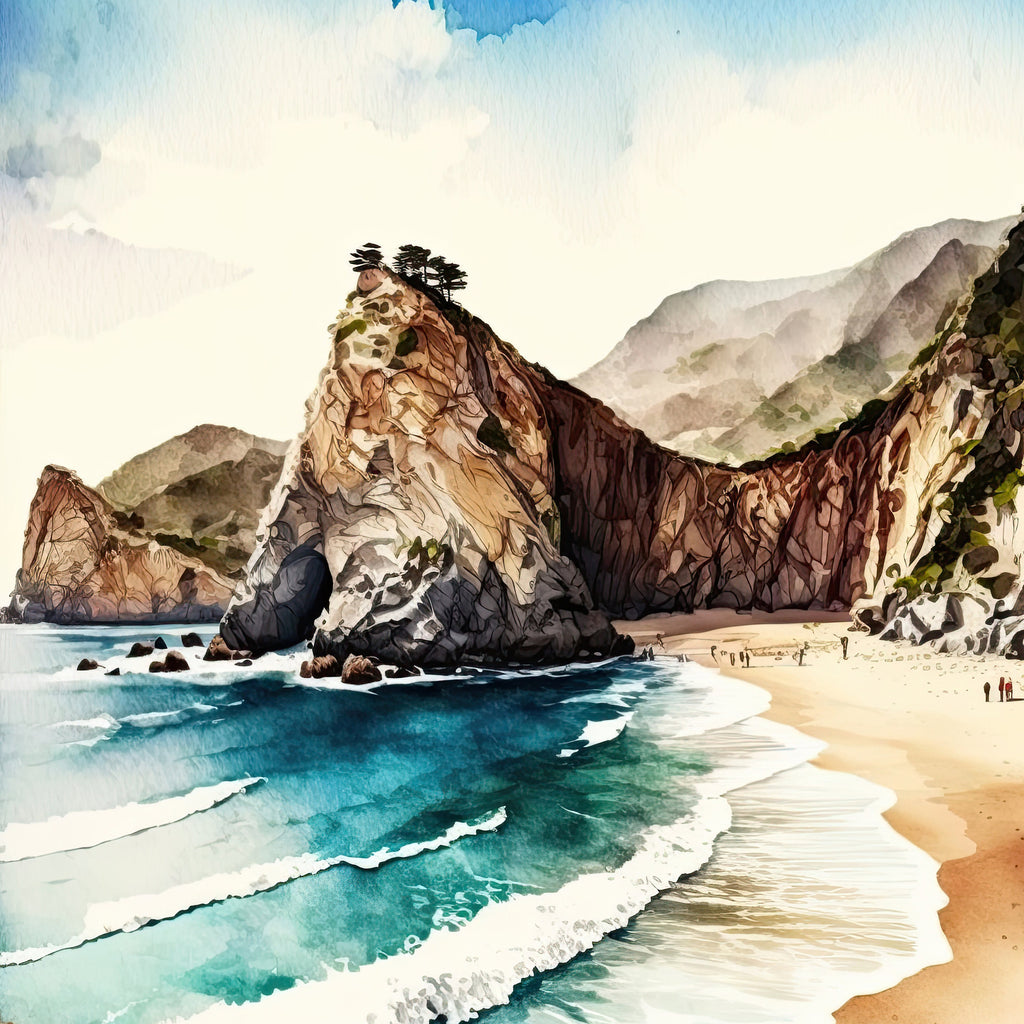 California Big Sur Beach Print Watercolor Ocean Wall Art Tropical Nature Gift Coastal Landscape Home Decor