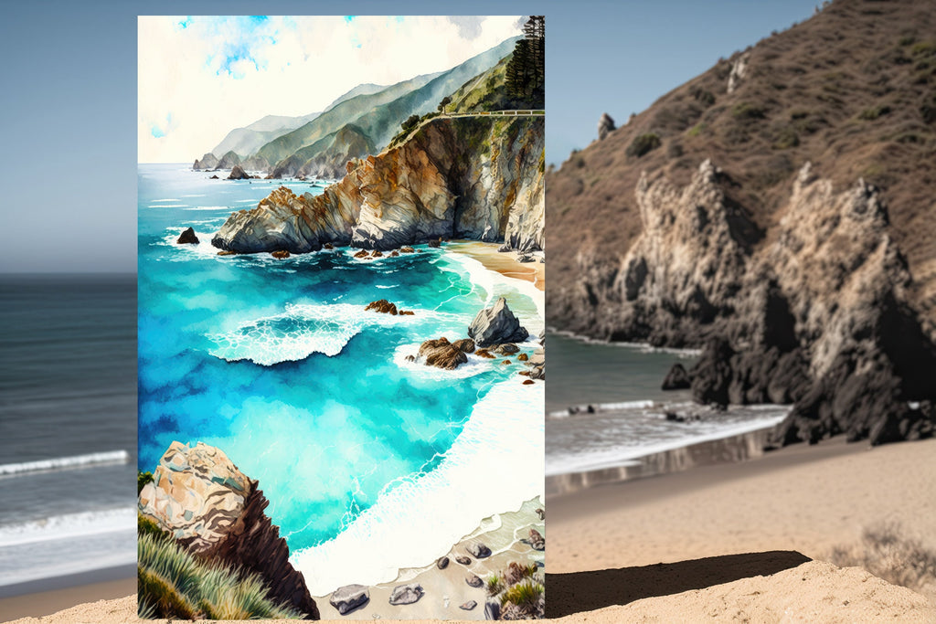 California Big Sur Beach Print Watercolor Ocean Wall Art Tropical Nature Gift Coastal Landscape Home Decor