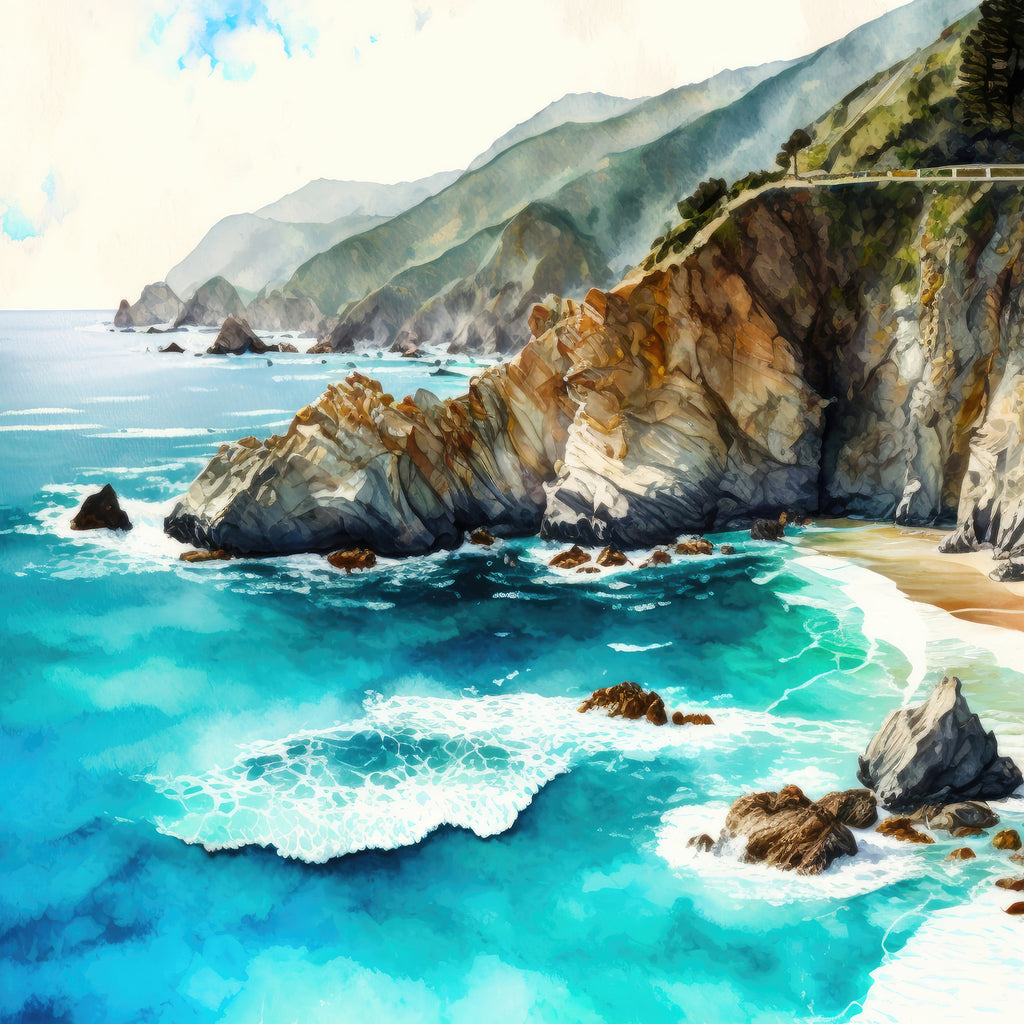 California Big Sur Beach Print Watercolor Ocean Wall Art Tropical Nature Gift Coastal Landscape Home Decor