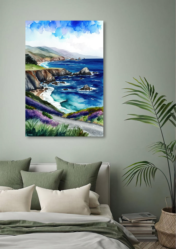 California Big Sur Beach Print Watercolor Ocean Wall Art Tropical Nature Gift Coastal Landscape Home Decor