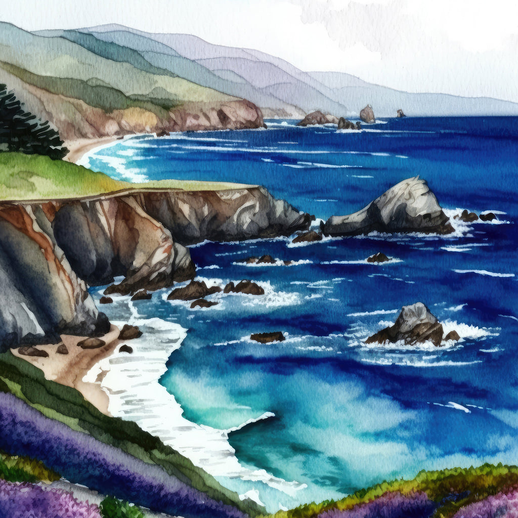 California Big Sur Beach Print Watercolor Ocean Wall Art Tropical Nature Gift Coastal Landscape Home Decor