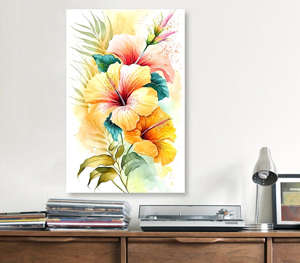 Hawaiian Hibiscus Flower Bouquet Print Watercolor Botanical Wall Art Flower Painting Gift Floral Tropical Home Decor