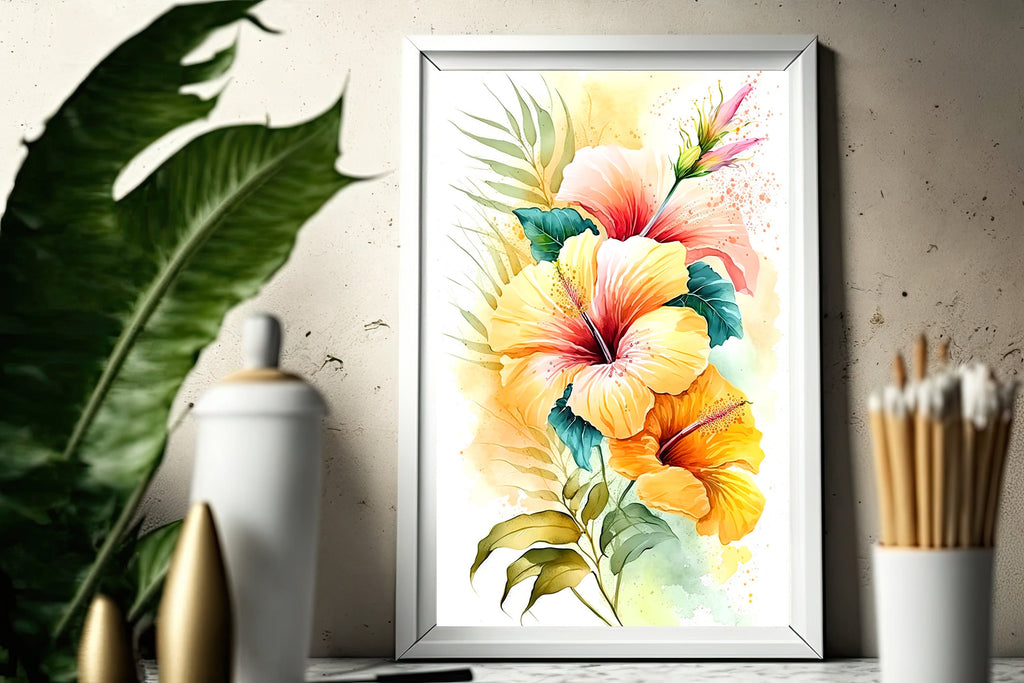 Hawaiian Hibiscus Flower Bouquet Print Watercolor Botanical Wall Art Flower Painting Gift Floral Tropical Home Decor