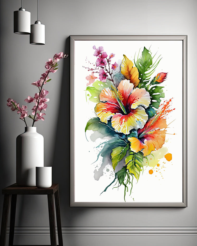 Hawaiian Hibiscus Flower Bouquet Print Watercolor Botanical Wall Art Flower Painting Gift Floral Tropical Home Decor