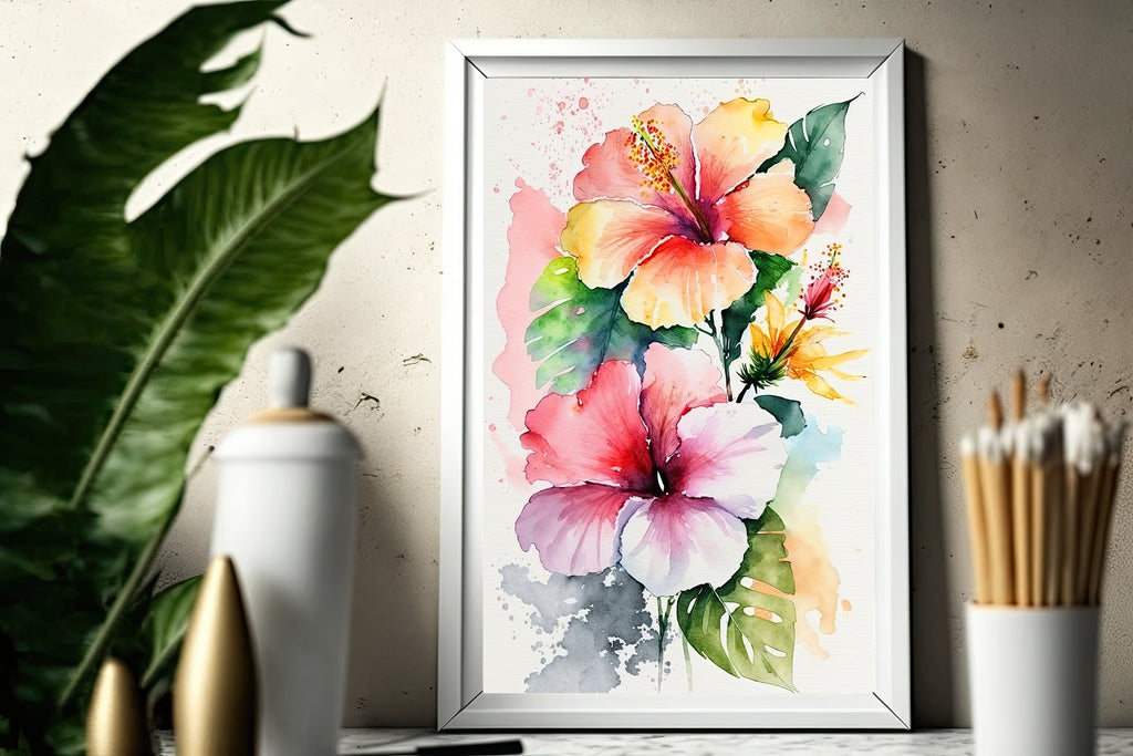 Hawaiian Hibiscus Flower Bouquet Print Watercolor Botanical Wall Art Flower Painting Gift Floral Tropical Home Decor