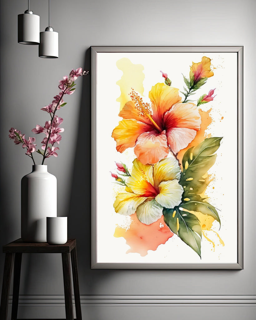 Hawaiian Hibiscus Flower Bouquet Print Watercolor Botanical Wall Art Flower Painting Gift Floral Tropical Home Decor