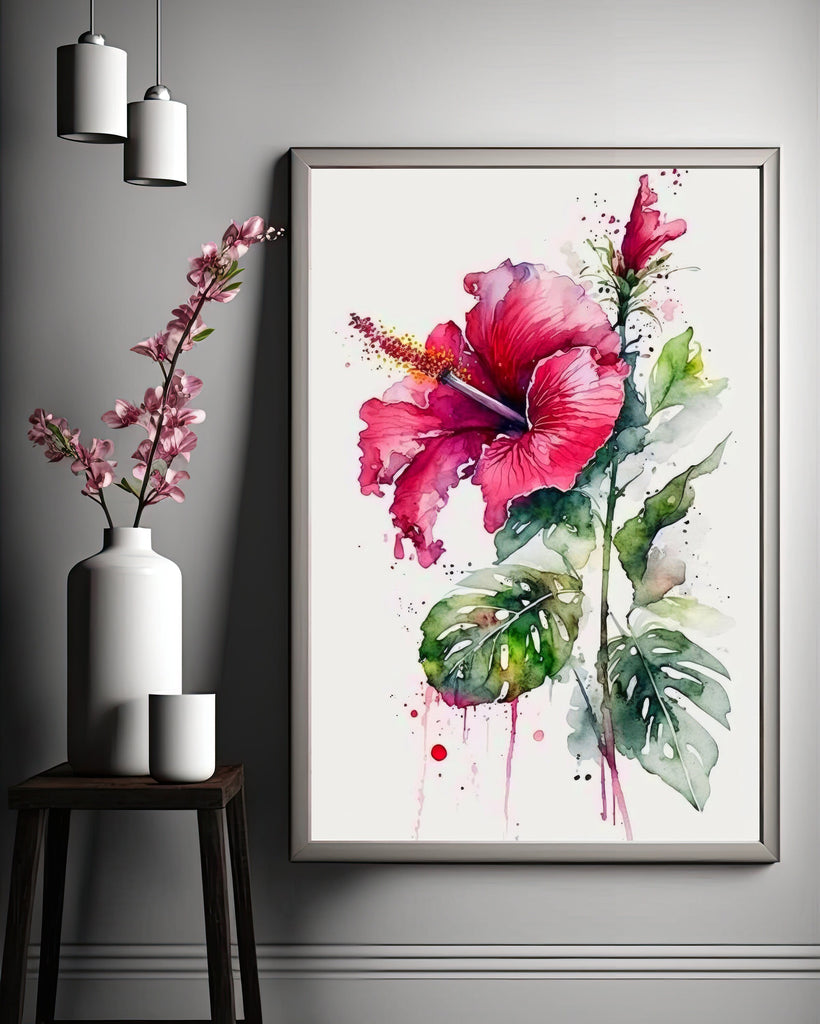 Hawaiian Hibiscus Flower Bouquet Print Watercolor Botanical Wall Art Flower Painting Gift Floral Tropical Home Decor