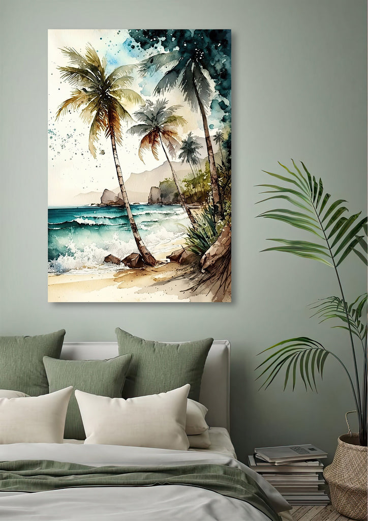 Tropical Palm Tree Beach Art Print Watercolor Coastal Wall Art Nature Inspired Gift Ocean Beach House Decor