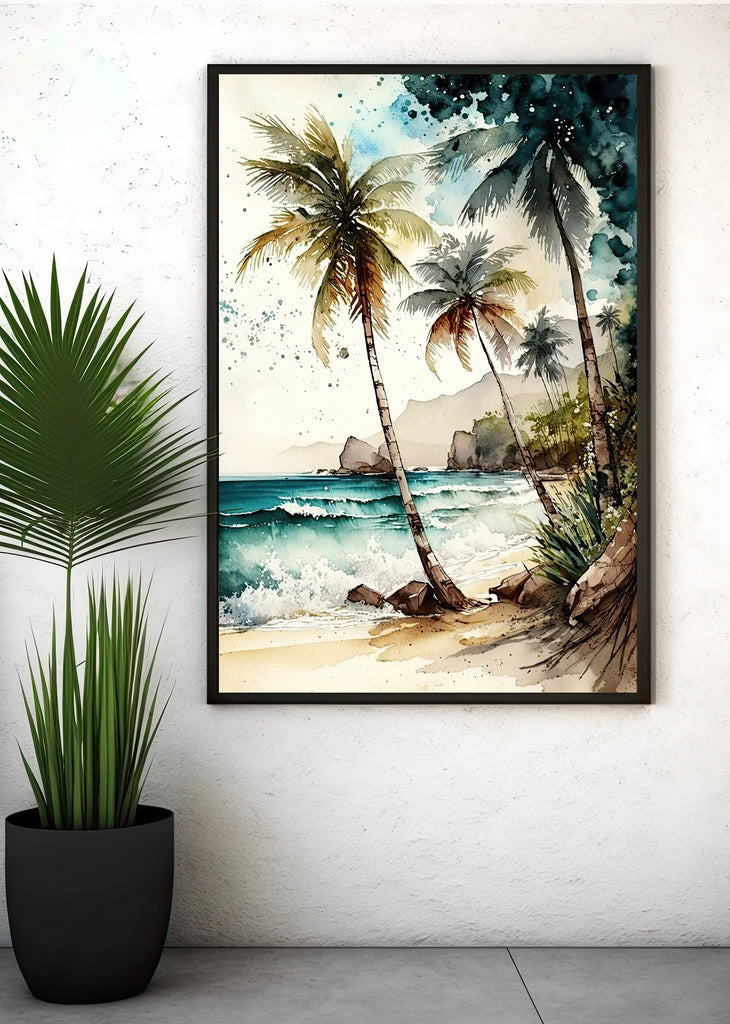 Tropical Palm Tree Beach Art Print Watercolor Coastal Wall Art Nature Inspired Gift Ocean Beach House Decor