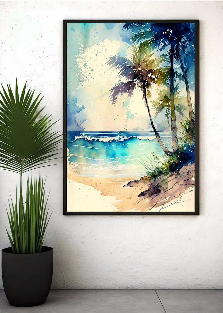 Tropical Palm Tree Beach Art Print Watercolor Coastal Wall Art Nature Inspired Gift Ocean Beach House Decor