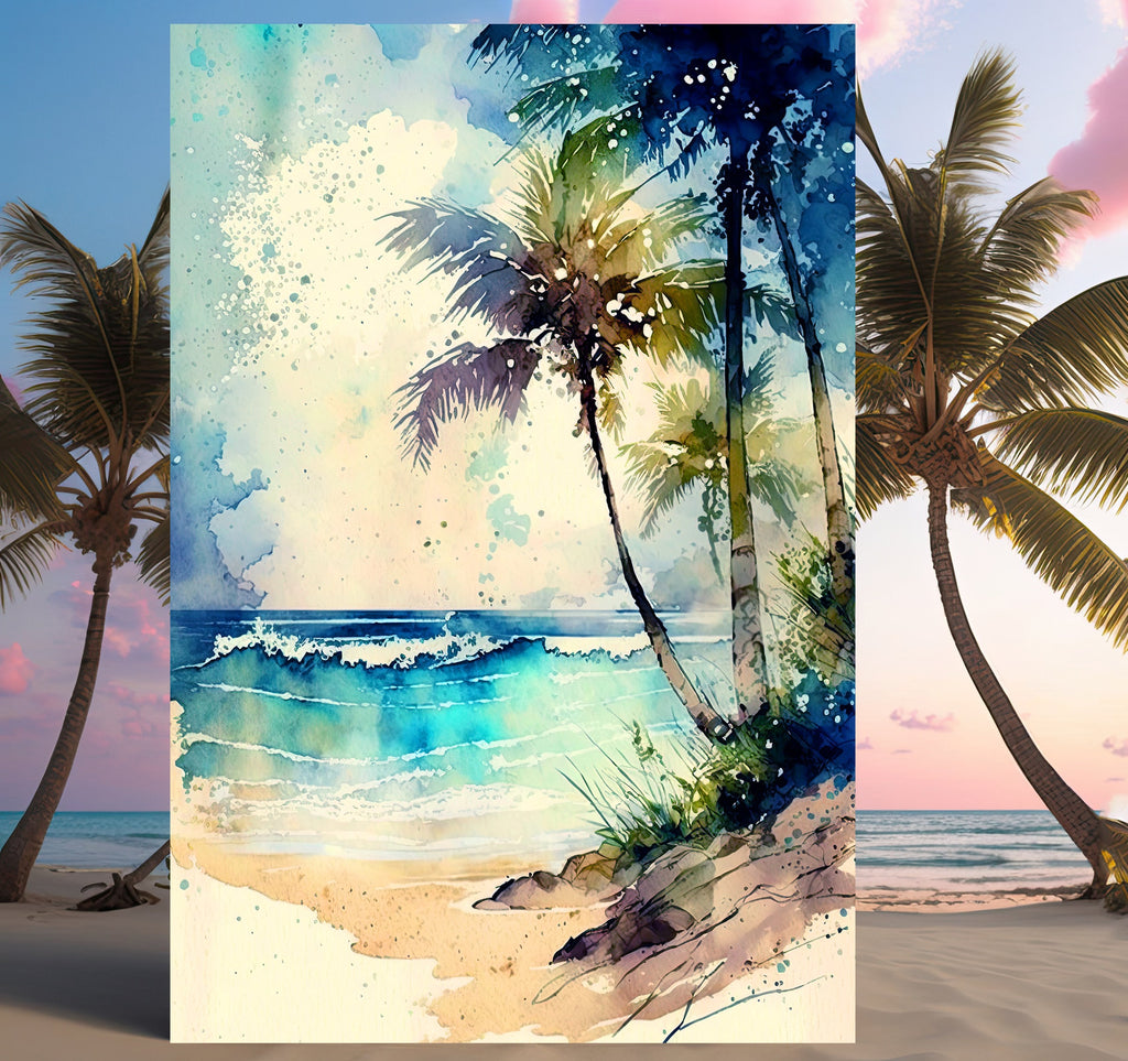 Tropical Palm Tree Beach Art Print Watercolor Coastal Wall Art Nature Inspired Gift Ocean Beach House Decor