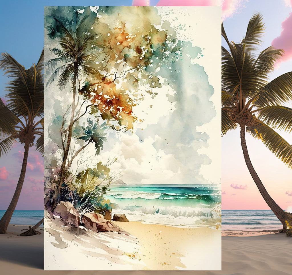 Tropical Palm Tree Beach Art Print Watercolor Coastal Wall Art Nature Inspired Gift Ocean Beach House Decor