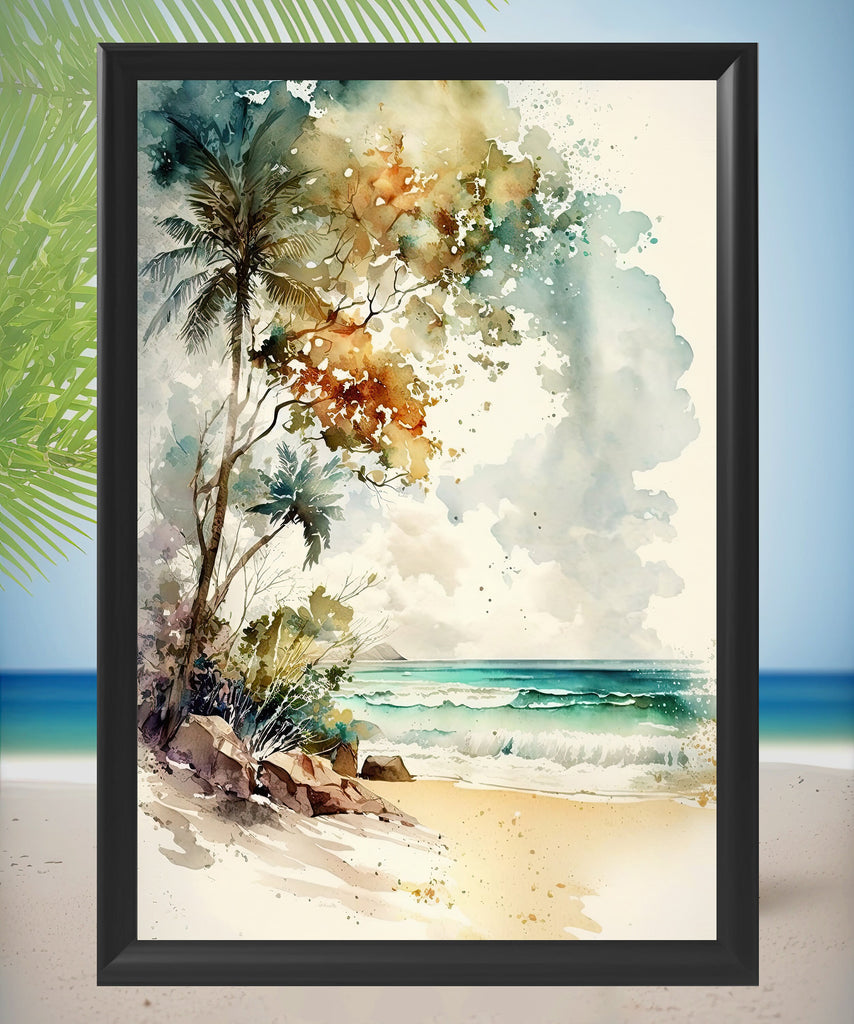 Tropical Palm Tree Beach Art Print Watercolor Coastal Wall Art Nature Inspired Gift Ocean Beach House Decor