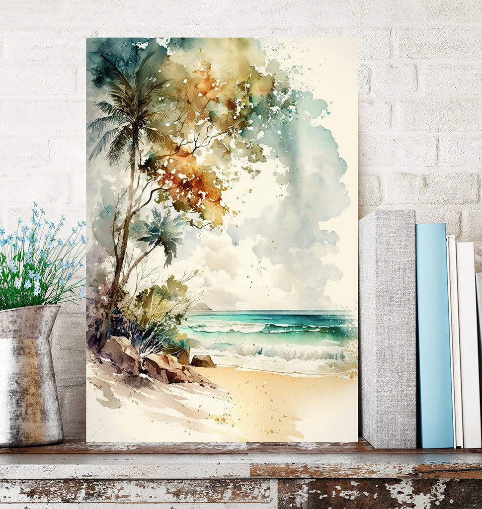 Tropical Palm Tree Beach Art Print Watercolor Coastal Wall Art Nature Inspired Gift Ocean Beach House Decor