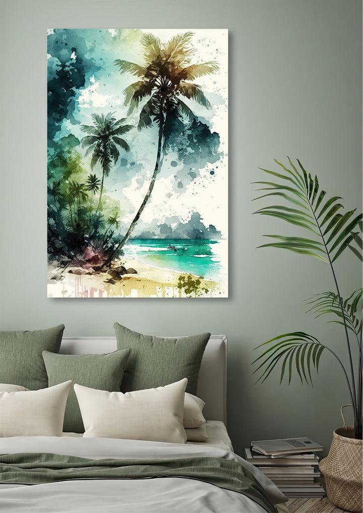 Tropical Palm Tree Beach Art Print Watercolor Coastal Wall Art Nature Inspired Gift Ocean Beach House Decor