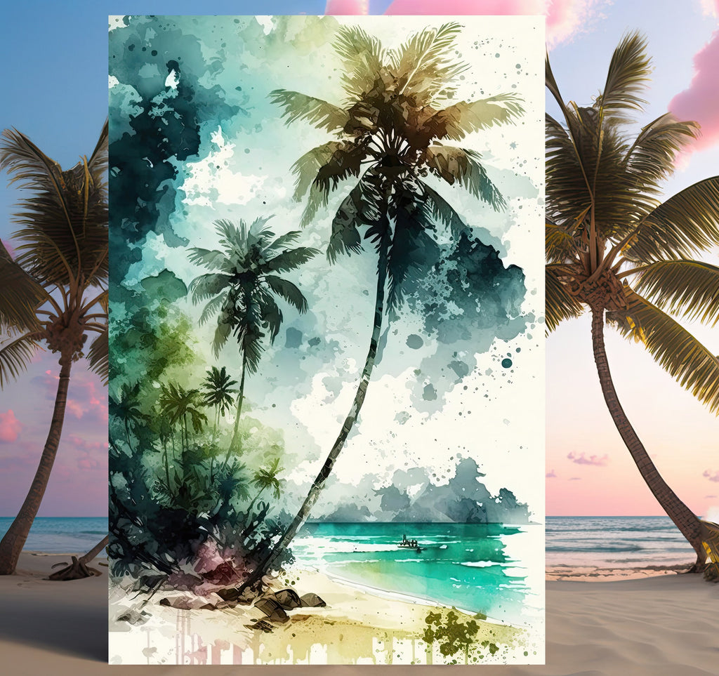 Tropical Palm Tree Beach Art Print Watercolor Coastal Wall Art Nature Inspired Gift Ocean Beach House Decor