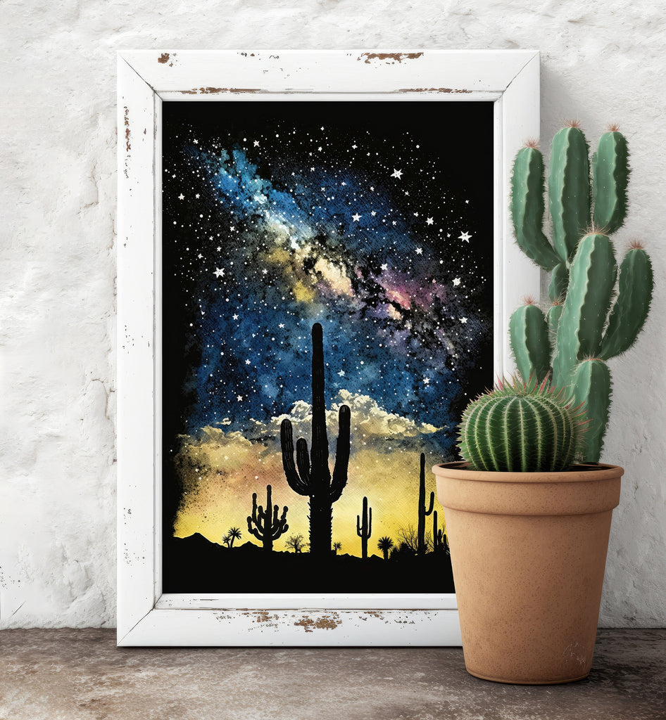 Desert Milky Way Art Print Watercolor Landscape Wall Art Southwest Gift Sonoran Cactus Beautiful Starry Night Western Decor