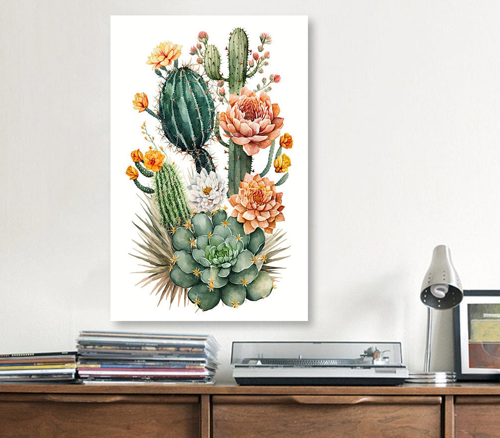 Cactus Plant Flower Print Watercolor Painting Botanical Wall Art Southwest Artwork Gift Rustic Desert Home Decor