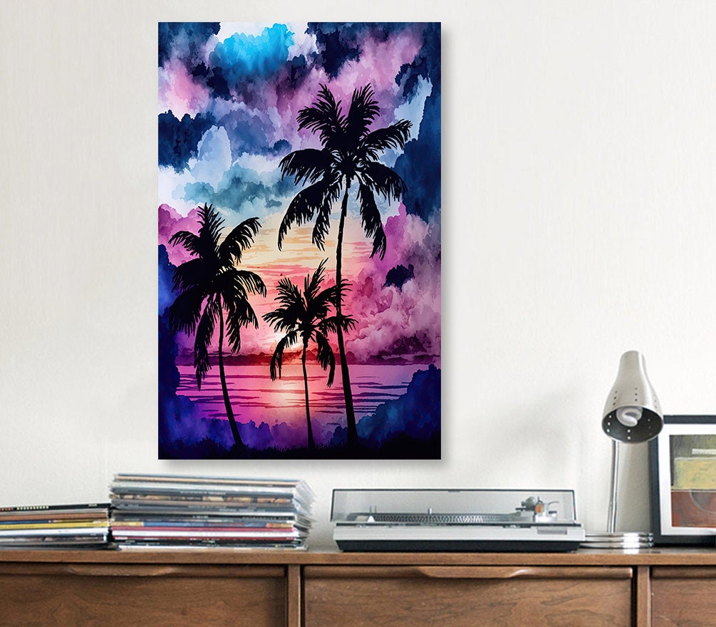 Palm Tree Sunset Art Print Watercolor Coastal Wall Art Nature Inspired Gift Tropical Beach House Home Decor