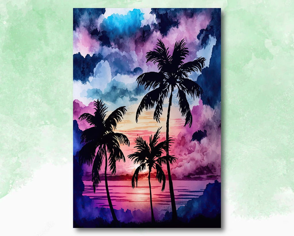 Palm Tree Sunset Art Print Watercolor Coastal Wall Art Nature Inspired Gift Tropical Beach House Home Decor