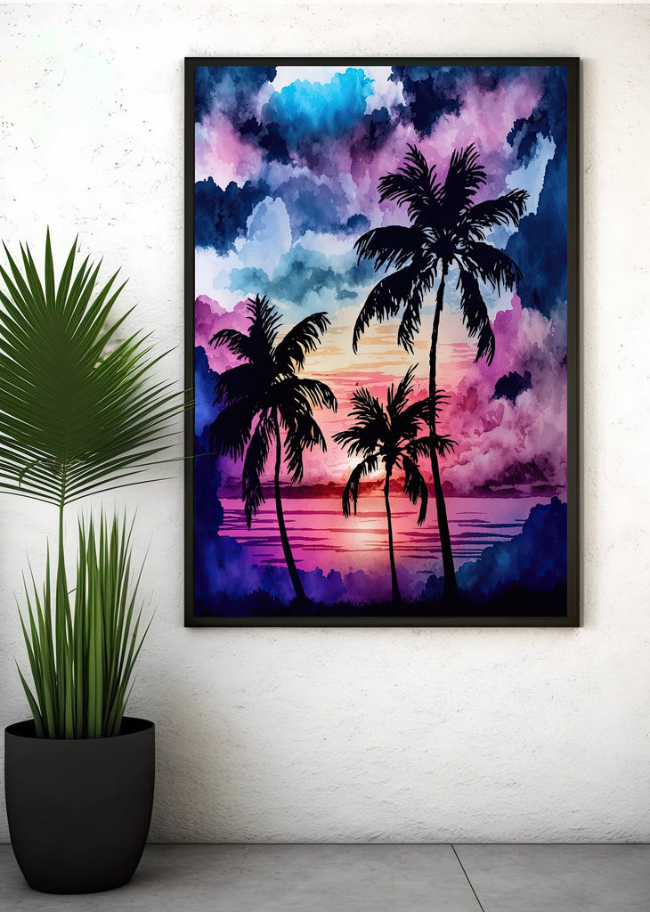 Palm Tree Sunset Art Print Watercolor Coastal Wall Art Nature Inspired Gift Tropical Beach House Home Decor