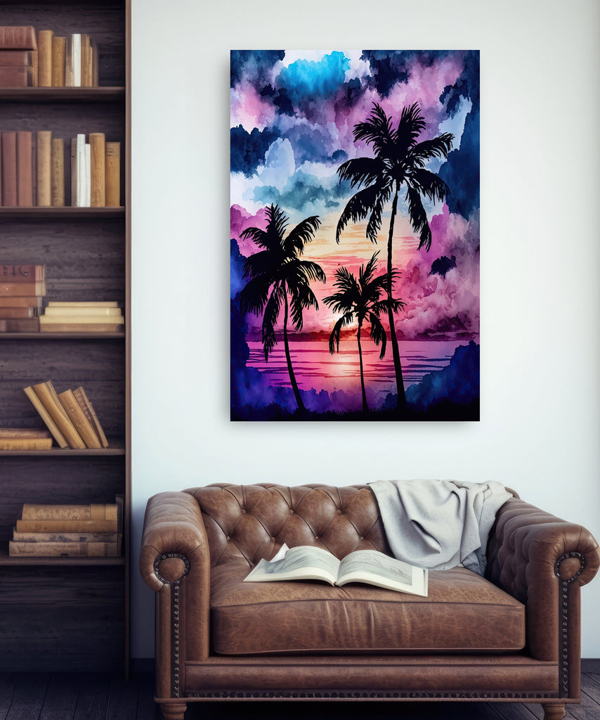 Palm Tree Sunset Art Print Watercolor Coastal Wall Art Nature Inspired Gift Tropical Beach House Home Decor