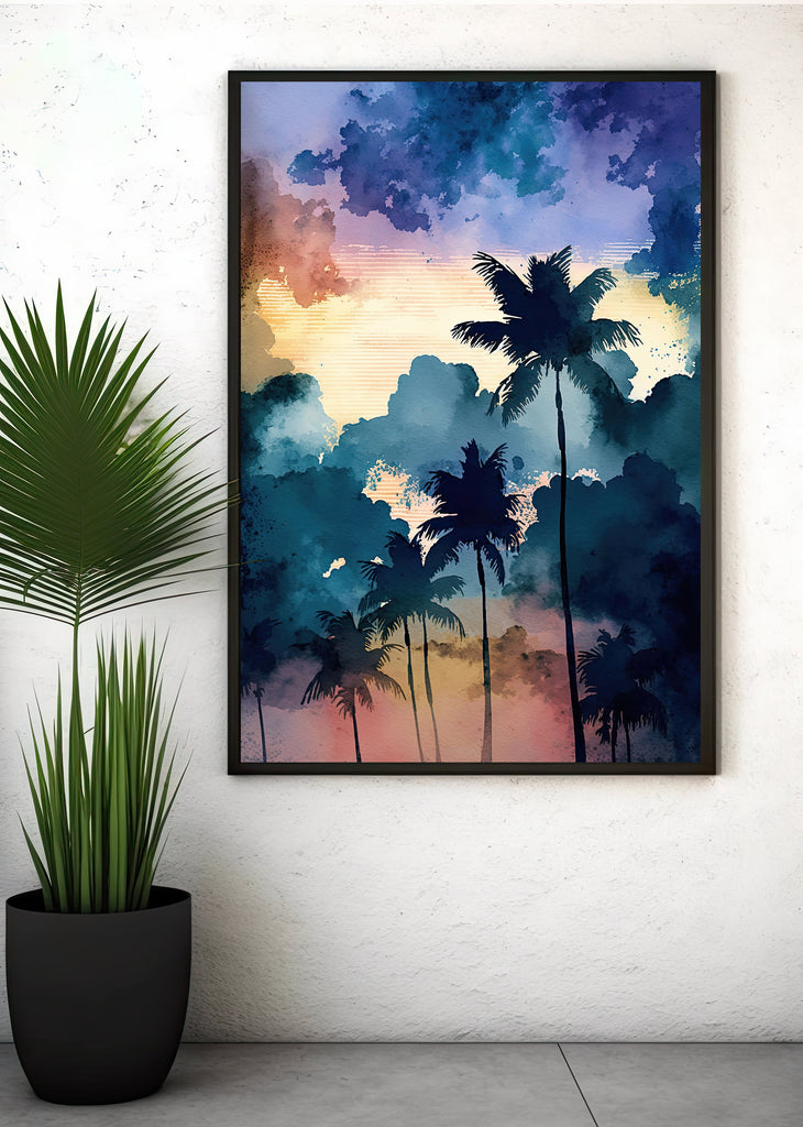 Palm Tree Sunset Art Print Watercolor Coastal Wall Art Nature Inspired Gift Tropical Beach House Home Decor