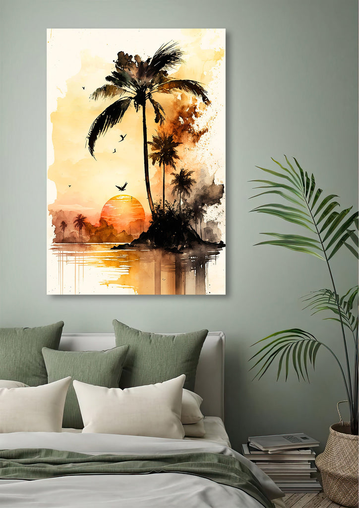 Palm Tree Sunset Art Print Watercolor Coastal Wall Art Nature Inspired Gift Tropical Beach House Home Decor