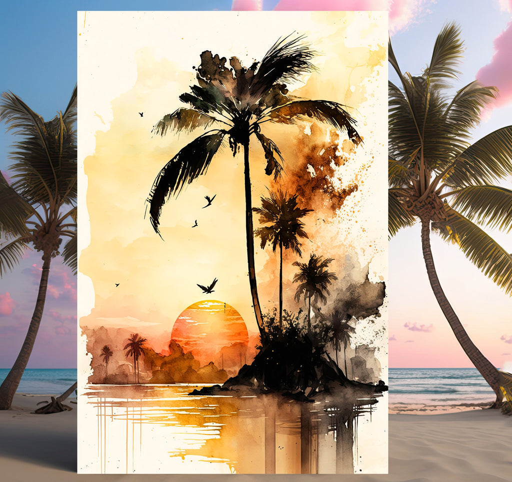 Palm Tree Sunset Art Print Watercolor Coastal Wall Art Nature Inspired Gift Tropical Beach House Home Decor