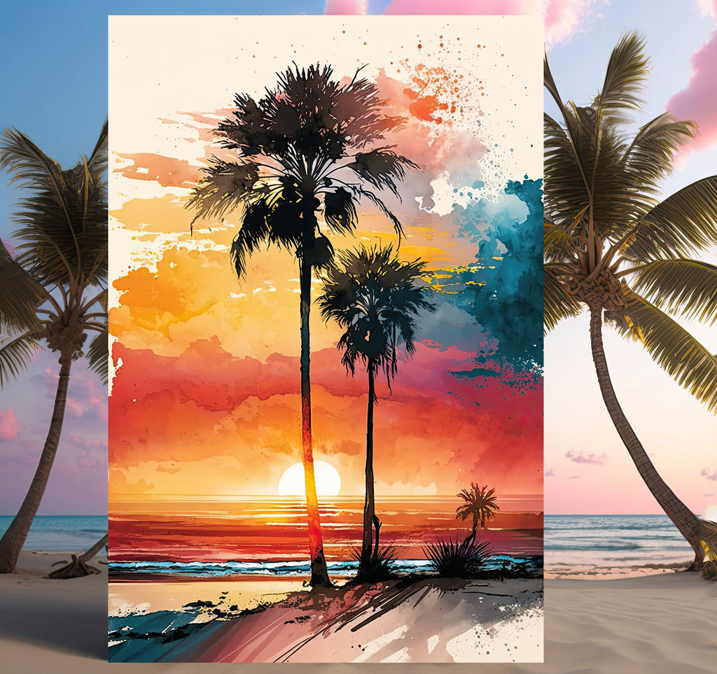 Palm Tree Sunset Art Print Watercolor Coastal Wall Art Nature Inspired Gift Tropical Beach House Home Decor