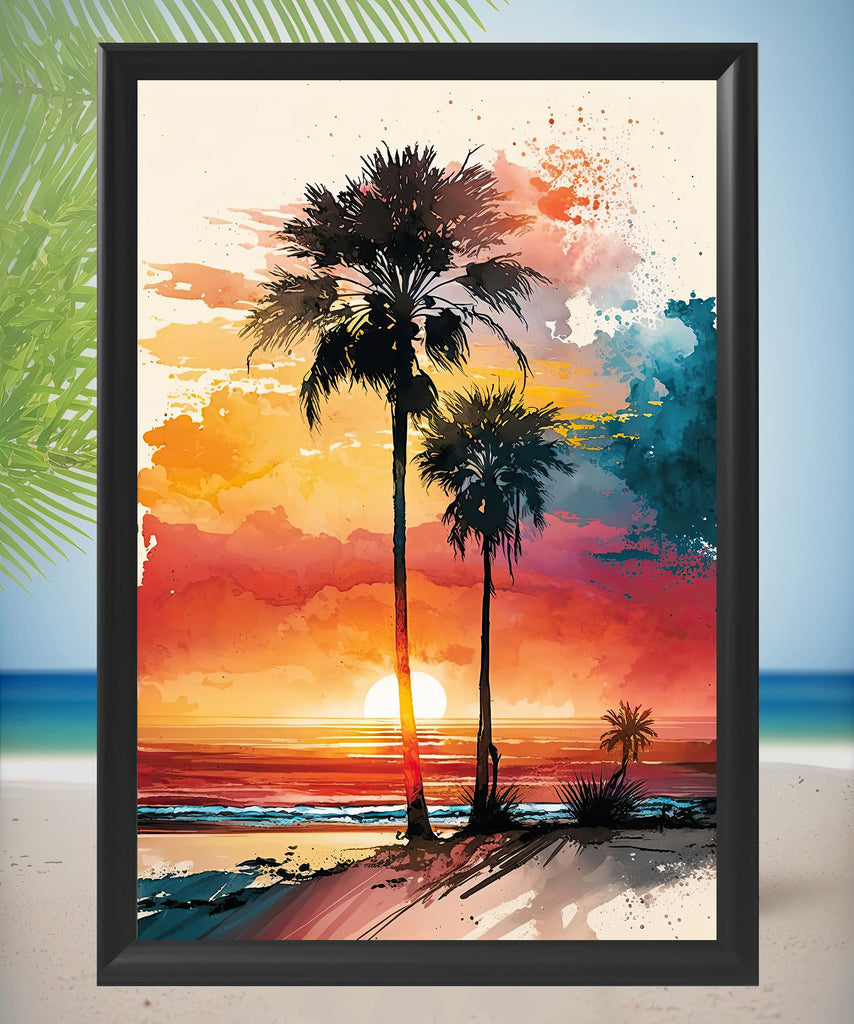 Palm Tree Sunset Art Print Watercolor Coastal Wall Art Nature Inspired Gift Tropical Beach House Home Decor