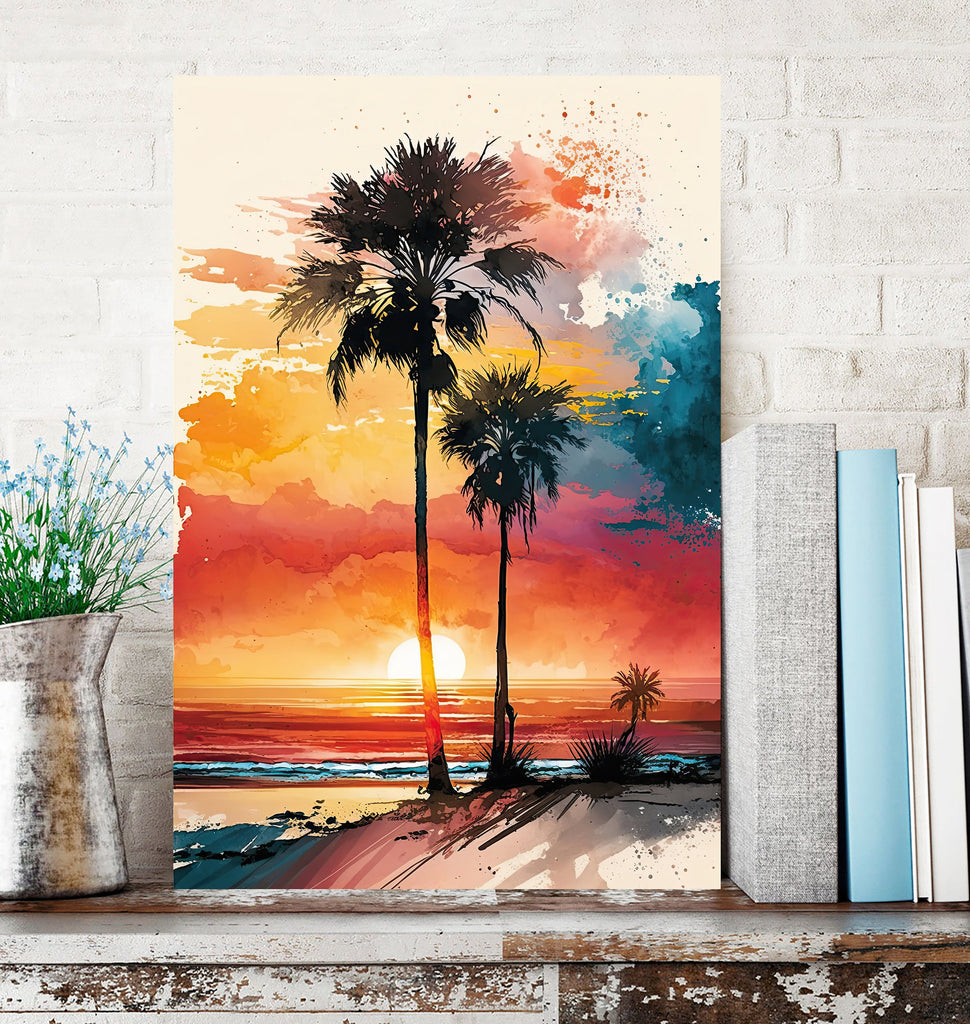 Palm Tree Sunset Art Print Watercolor Coastal Wall Art Nature Inspired Gift Tropical Beach House Home Decor