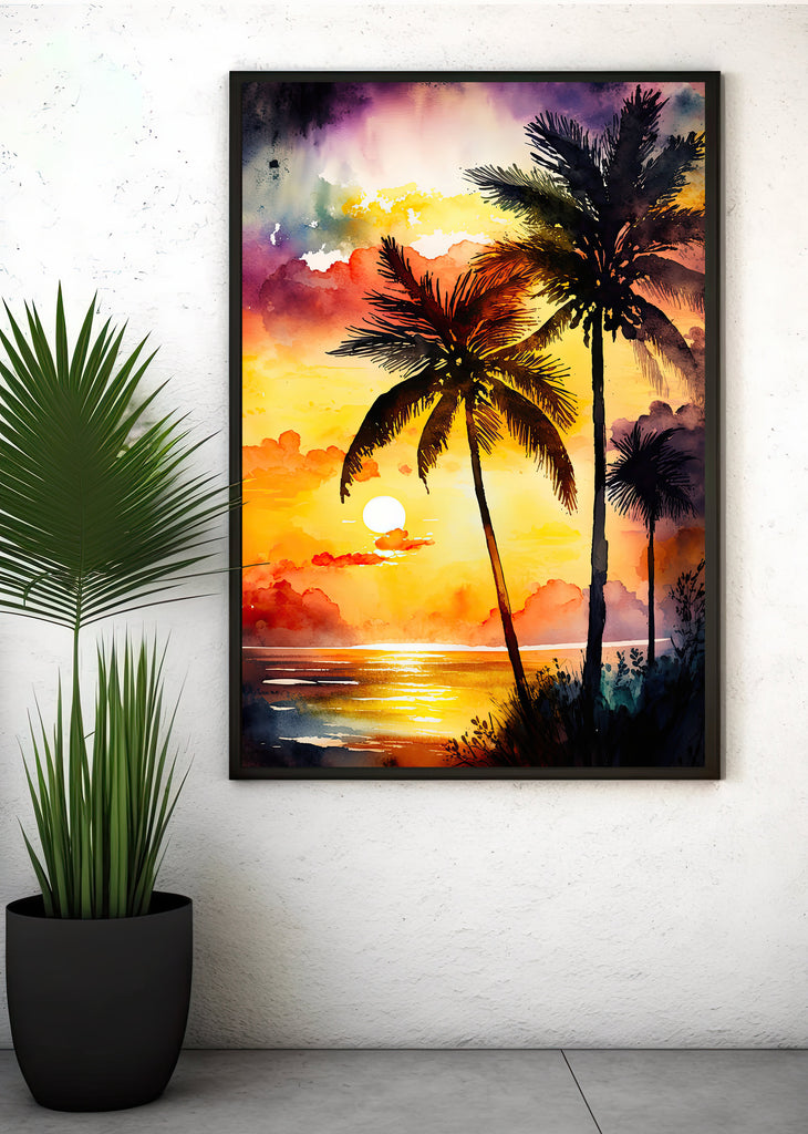 Palm Tree Sunset Art Print Watercolor Coastal Wall Art Nature Inspired Gift Tropical Beach House Home Decor